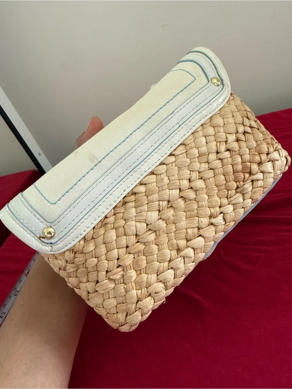 Coach Natural Straw and White Leather Turnlock Crossbody